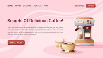 Web page with illustrations of coffee cups, sugar bowls and coffee machines. vector