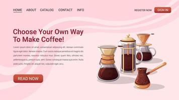 Web page with an illustration of coffee making items. vector