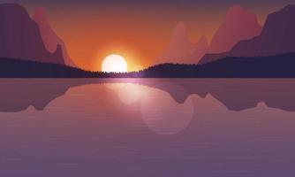 Orange sunrise over purple forest and mountains by the sea. Vector landscape. Stock background.