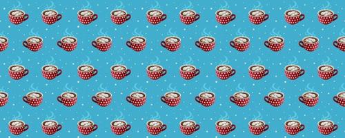 Vector, seamless pattern. Red cocoa mugs on a blue background. Stock background. vector