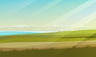 Green meadows on a sunny summer day, mountains on the horizon, the sea coast. Vector landscape. Stock illustration.