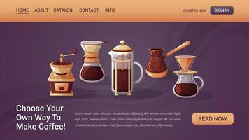 Web page with illustrations of coffee appliances. vector