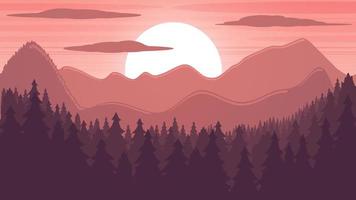 Vector landscape. Pink sunset in the mountains above the forest. Stock background.