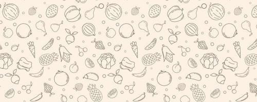 Seamless pattern. Vegetables, berries and fruits. Vector background. It can be used for wrapping paper, packages, brochures, and flyers.