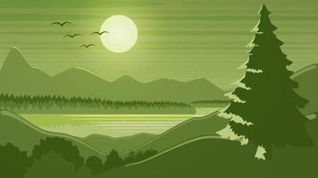 Vector landscape. Lake among hills, mountains and forests. Stock green background.