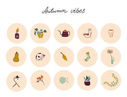 Hygge highlights covers for social media. Set of cute elements in doodle style. Hand drawn icons with cozy Autumn elements. Stickers, weekly planner. Vector illustration.