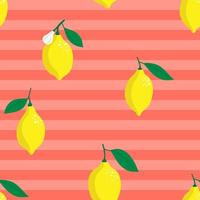 Bright Lemon Seamless Pattern on Coral Striped Background. Fruit repeated backdrop vector