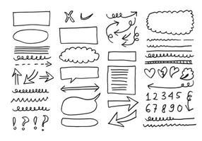 Doodle vector lines and curves.Hand drawn check and arrows signs. Set of simple doodle lines, curves, frames and spots. Collection of pencil effects. Doodle border. Simple doodle set.