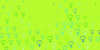 textura de vector azul claro, verde con símbolos de derechos de las mujeres.