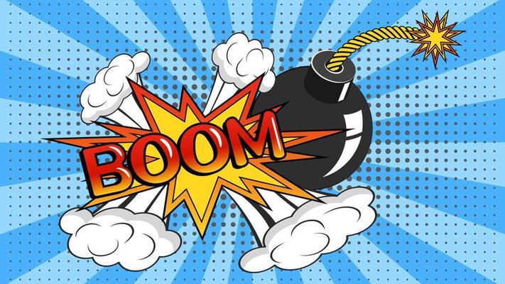 The inscription BOOM with a bomb. Pop art background.