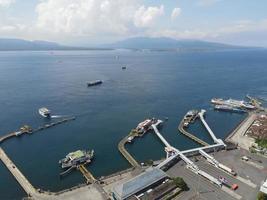Aerial view of Port in Banyuwangi Indonesia with ferry in Bali Ocean photo
