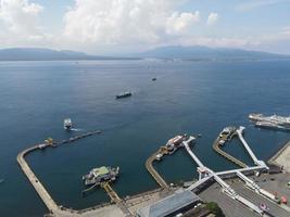 Aerial view of Port in Banyuwangi Indonesia with ferry in Bali Ocean photo
