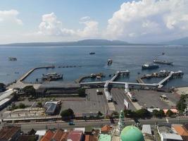 Aerial view of Port in Banyuwangi Indonesia with ferry in Bali Ocean photo