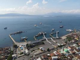 Aerial view of Port in Banyuwangi Indonesia with ferry in Bali Ocean photo