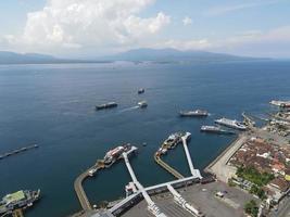 Aerial view of Port in Banyuwangi Indonesia with ferry in Bali Ocean photo