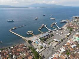 Aerial view of Port in Banyuwangi Indonesia with ferry in Bali Ocean photo