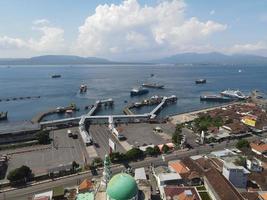 Aerial view of Port in Banyuwangi Indonesia with ferry in Bali Ocean photo
