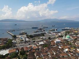 Aerial view of Port in Banyuwangi Indonesia with ferry in Bali Ocean photo