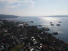 Aerial view of Port in Banyuwangi Indonesia with ferry in Bali Ocean photo