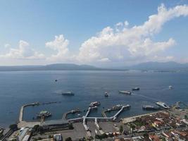 Aerial view of Port in Banyuwangi Indonesia with ferry in Bali Ocean photo