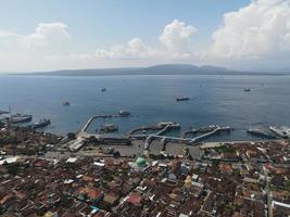 Aerial view of Port in Banyuwangi Indonesia with ferry in Bali Ocean photo