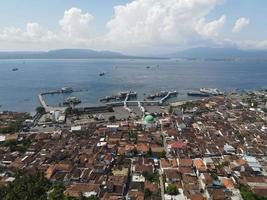 Aerial view of Port in Banyuwangi Indonesia with ferry in Bali Ocean photo