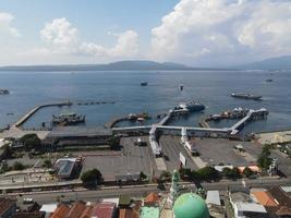Aerial view of Port in Banyuwangi Indonesia with ferry in Bali Ocean photo