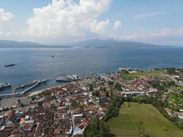 Aerial view of Port in Banyuwangi Indonesia with ferry in Bali Ocean photo