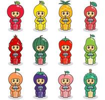 Illustrations with cute kids in Fruit costumes holding juice. Vector illustration of Fruit costume. Set of cartoon isolated vector costume characters.