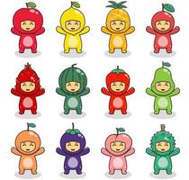 Illustrations with cute kids in Fruit costumes hand up pose. Vector illustration of Fruit costume. Set of cartoon isolated vector costume characters.