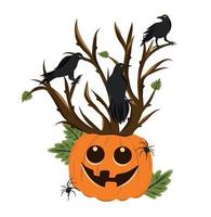 Vector illustration festive halloween concept crows sitting on a tree with leaves that grow on a pumpkin spiders crawling illustration on a white background