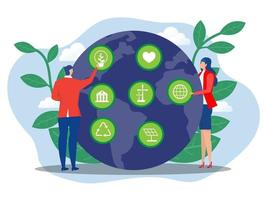 World Earth Day green eco energy , business people save Earth with icon World Earth Day and Save the Planet concept of conservation, protection and reasonable consumption of natural resources. vector