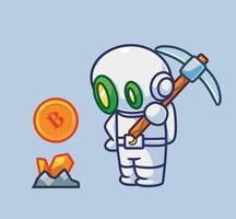 cute astronaut robot miner found a gold coin. vector