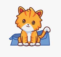 lindo gato sentado en su caja de cartón. ilustración animal de dibujos animados aislados. vector de logotipo premium de diseño de icono de etiqueta de estilo plano. personaje mascota