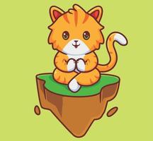 linda meditación de gato en suelo flotante. ilustración animal de dibujos animados aislados. vector de logotipo premium de diseño de icono de etiqueta de estilo plano. personaje mascota