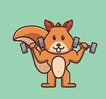 Cute squirrel gym lifting dumbbell, cartoon animal sports concept Isolated illustration. Flat Style suitable for Sticker Icon Design Premium Logo vector. Mascot character vector