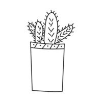 Four cacti in a vertical pot in the style of a doodle. Vector isolated image for use in web design or as print