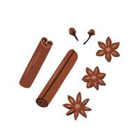 Cinnamon sticks anise and cloves, fragrant spices, vector illustration.