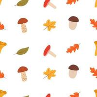 Seamless pattern Doodle set of tree leaves and mushrooms, autumn concept, vector illustration.