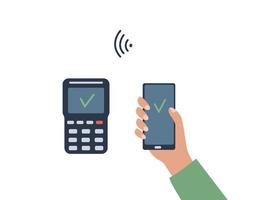 Contactless payment of POS terminal by phone via wifi. Purchase transaction by phone. Vector illustration in a flat style