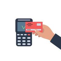 Contactless payment of POS terminal by bank card via wifi. Purchase transaction by credit card. Vector illustration in a flat style