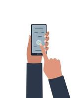 The hand is holding a mobile phone. Touch screen, ok button to press. Vector illustration in a flat style