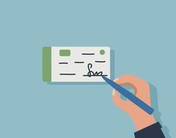 un hombre de negocios firma un cheque de pago o una chequera. estilo de dibujos animados plana de ilustración vectorial. vector