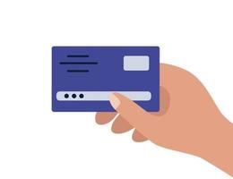 Hand holds a plastic bank card. Payment by credit card, purchase. Vector illustration in a flat style