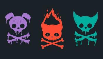 Hand drawn Skulls kitty, bat, bunny. Burning skull. Trendy isolated colorful Vector illustration. Cartoon, vintage style. Poster, tattoo idea, t-shirt print, sticker, logo design template