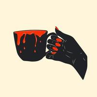 Illustration of a hand holding a cup with blood pouring out of it. Image for Halloween, horror movie vector