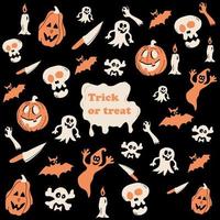 seamless pattern with hand drawn halloween doodles. Childish tiling background with cartoon spooky ghosts, skulls, bones, pumpkin vector