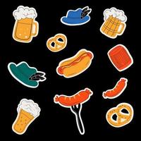 Oktoberfest food and symbols collection. Vector Oktoberfest objects and icons . Beer, hat, meat, , hot dog, sausages, etc. All elements are isolated. Vector