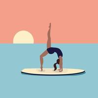 mujer joven haciendo yoga en un tablero de sup. personaje femenino en traje de baño en una tabla de surf. escena de verano vector