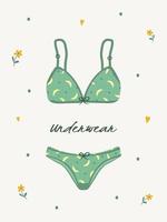 Modern female lingerie or swimwear isolated on white background. Trendy hand drawn underwear or bikini tops and bottoms. Vintage vector illustration in flat cartoon style